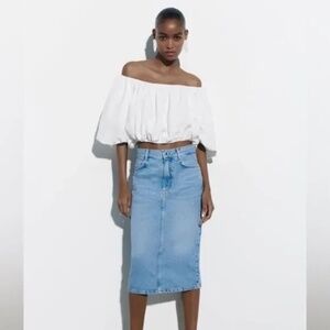 New ZARA White Linen Blend Bohemian Short Balloon Sleeve Lined Top Size M